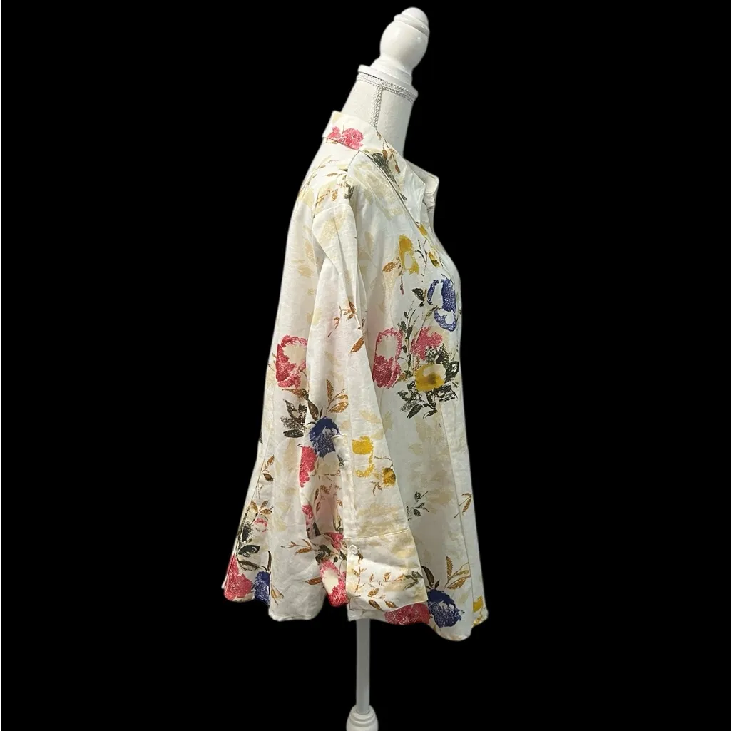Harve Bernard Linen Cotton Blend Floral Botanical Button Up Tunic Shirt 2X - Image 3
