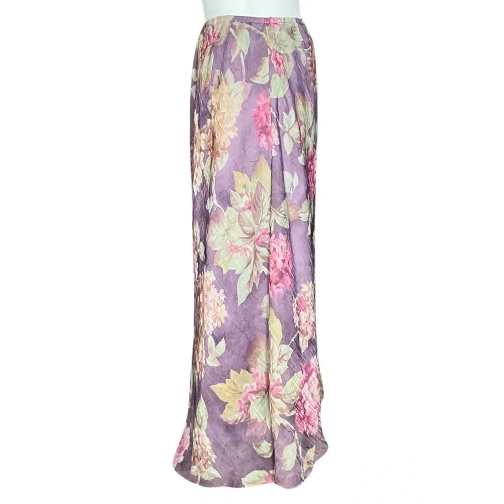 Vintage 90s Purple Floral Cottagecore Fairy Chiffon Ruffle Midi Skirt. Medium. - Image 9