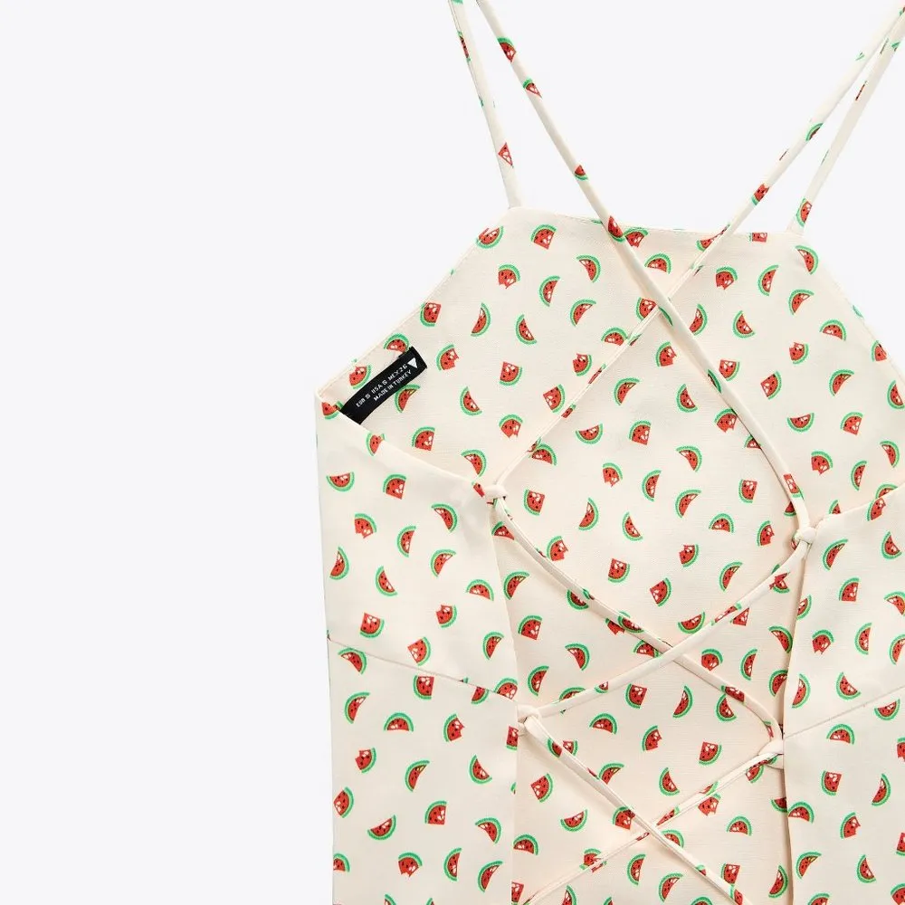 NWT ZARA  SATIN EFFECT CROP TOP Bloggers Fav Watermelon Print Tie Back - Image 8