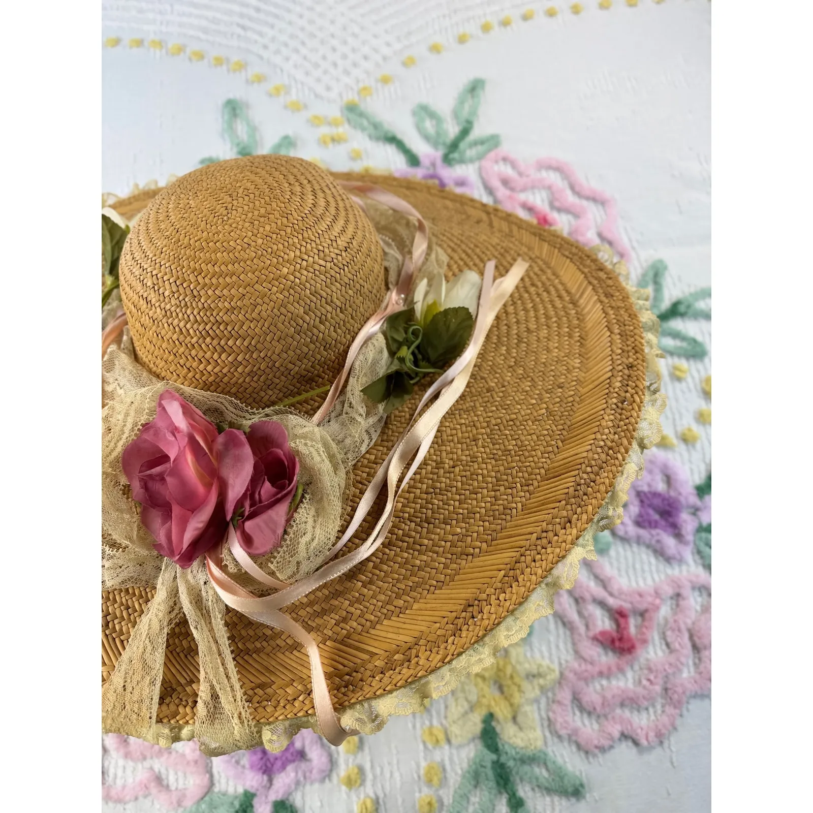 Chic Lolita straw hat, vintage decoration from the 1940s and 1960s Tan - Image 3