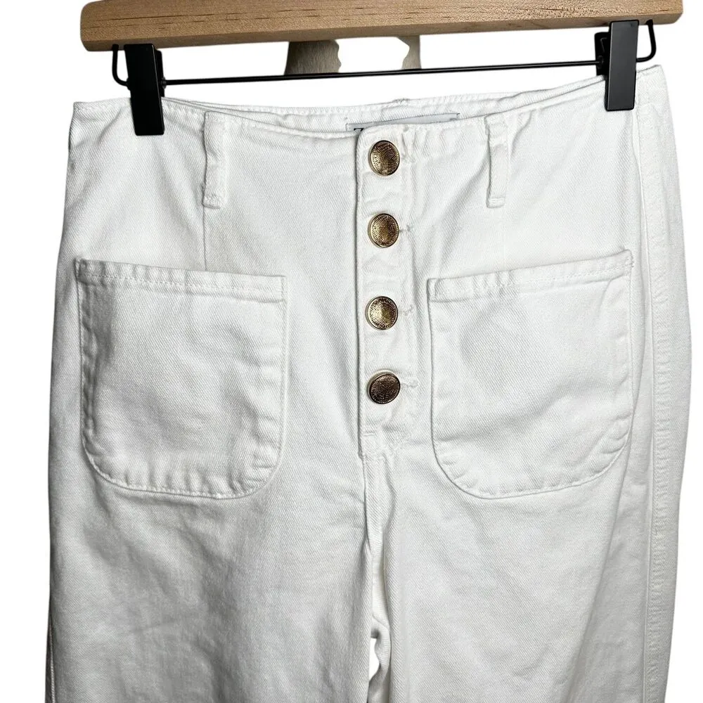 Zara Sailor Gold Button Wide Leg Embroidered Cropped White Patch Pocket Jeans 6 - Image 3
