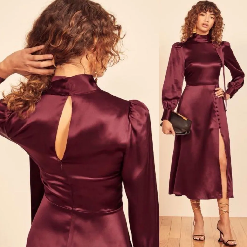 Reformation Maple Silk Midi Dress Plum Burgundy - Image 3