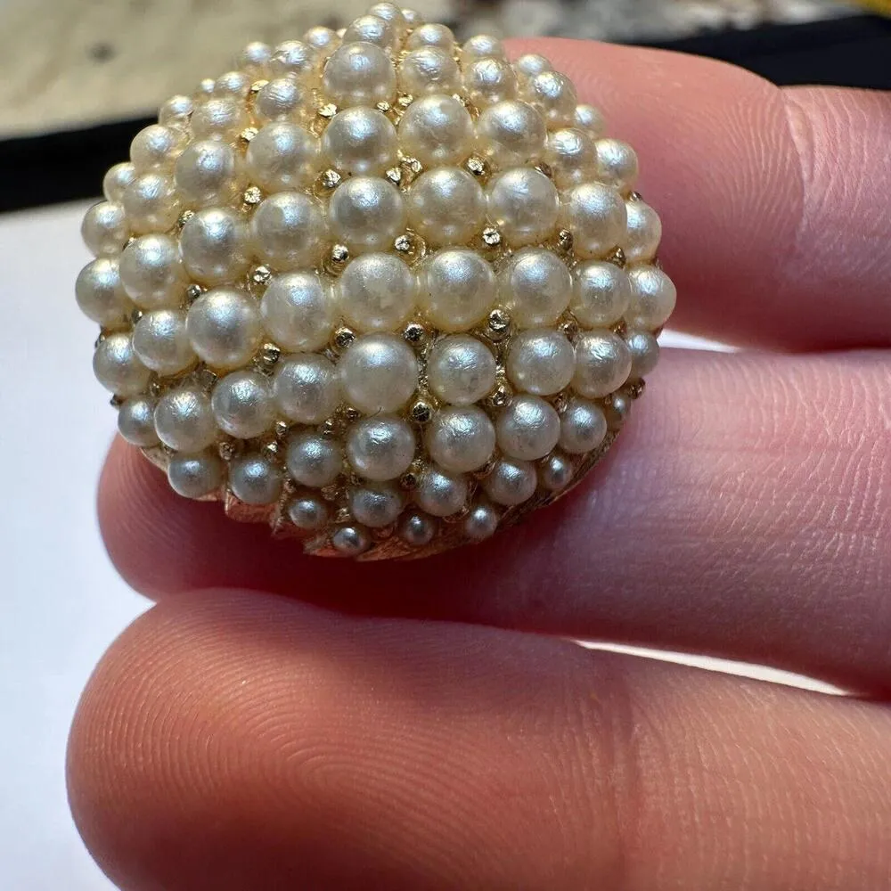 Vintage Crown Trifari Gold Tone Faux Pearl Clip On Earrings Missing Pearls - Image 2