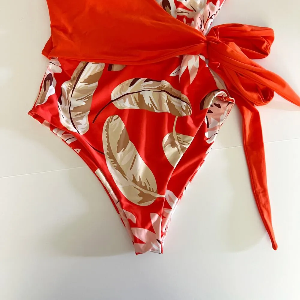 [CHYRII] Orange Red Floral Feather Wrap Front V - Image 9