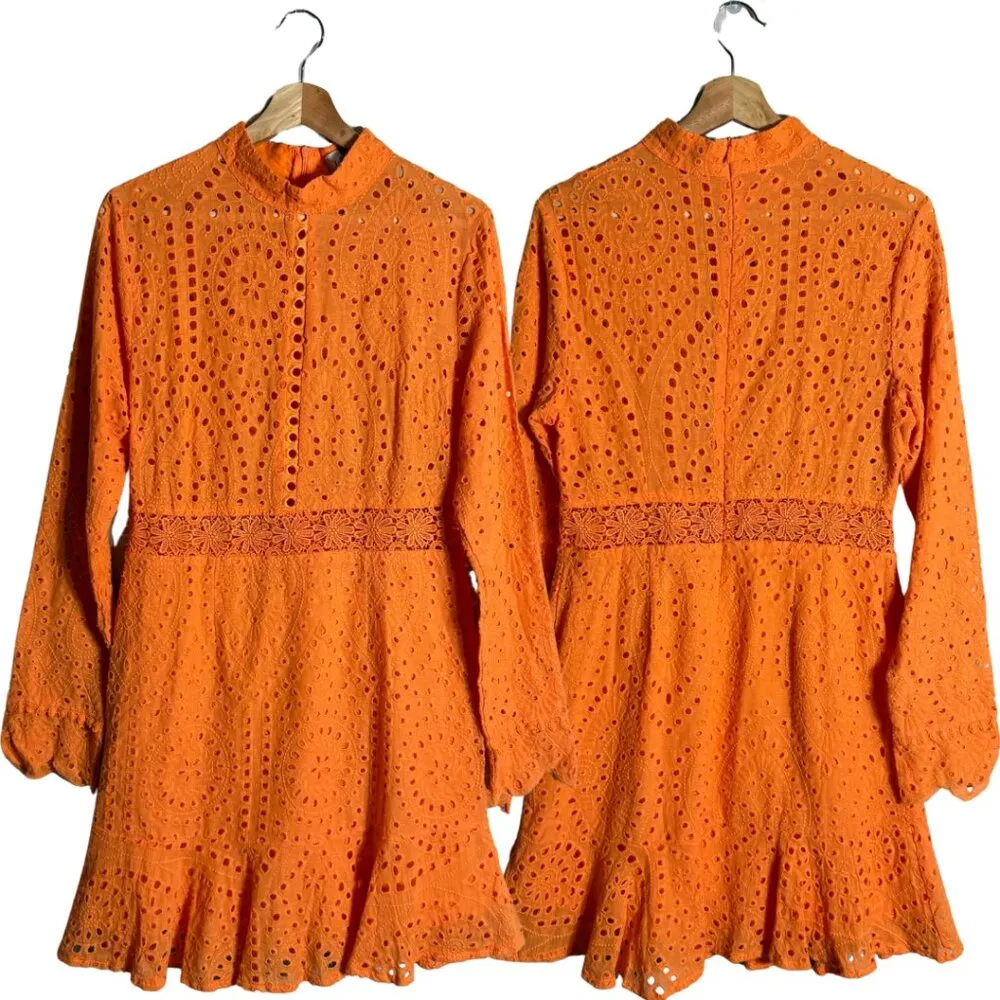 Lioness Eyelet Cutout High Neck Mini Dress Women's XL Orange Lace Party Cocktail - Image 4