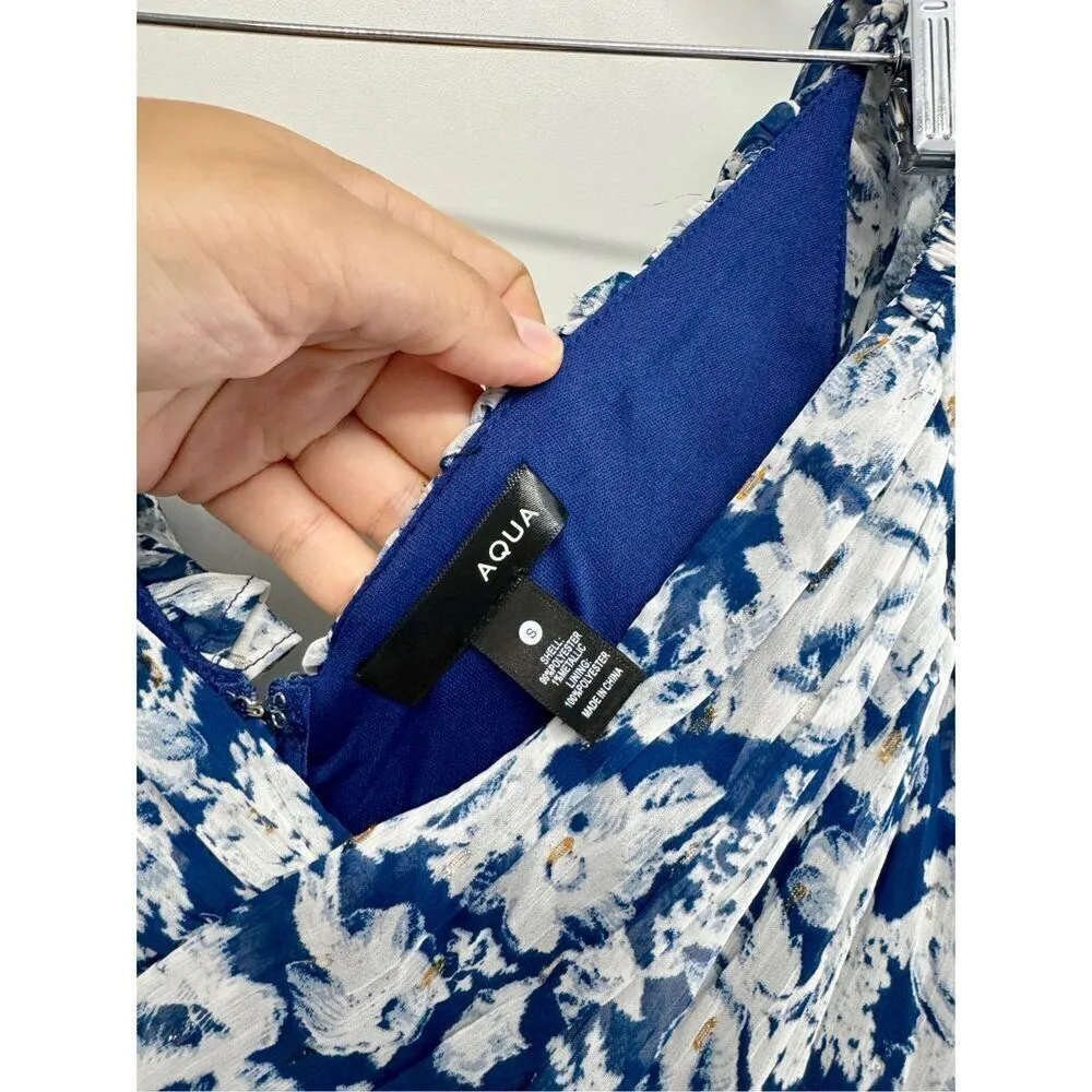 Aqua Maxi Dress Womens Size Small Tiered Metallic Formal Evening Gown Blue White - Image 7