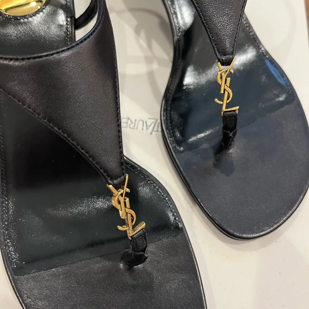 Saint Laurent Authentic  Cassandra Leather YSL Wedge Sandals - Image 8