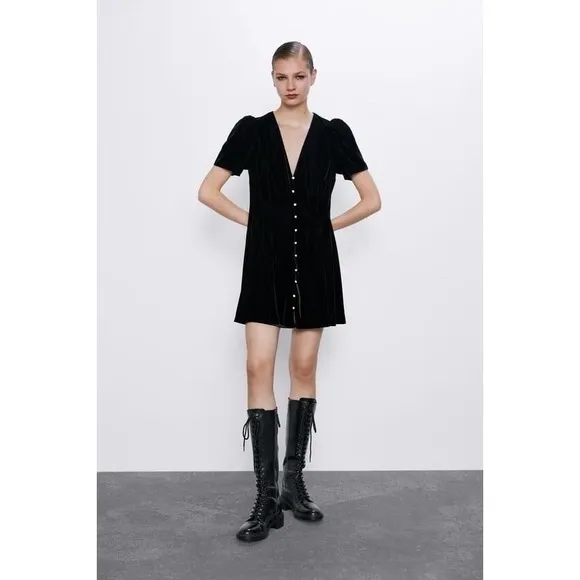 Black Velvet V-Neck Gem Rhinestone Button Front Mini‎ Glam Dress ZARA - S - Image 3