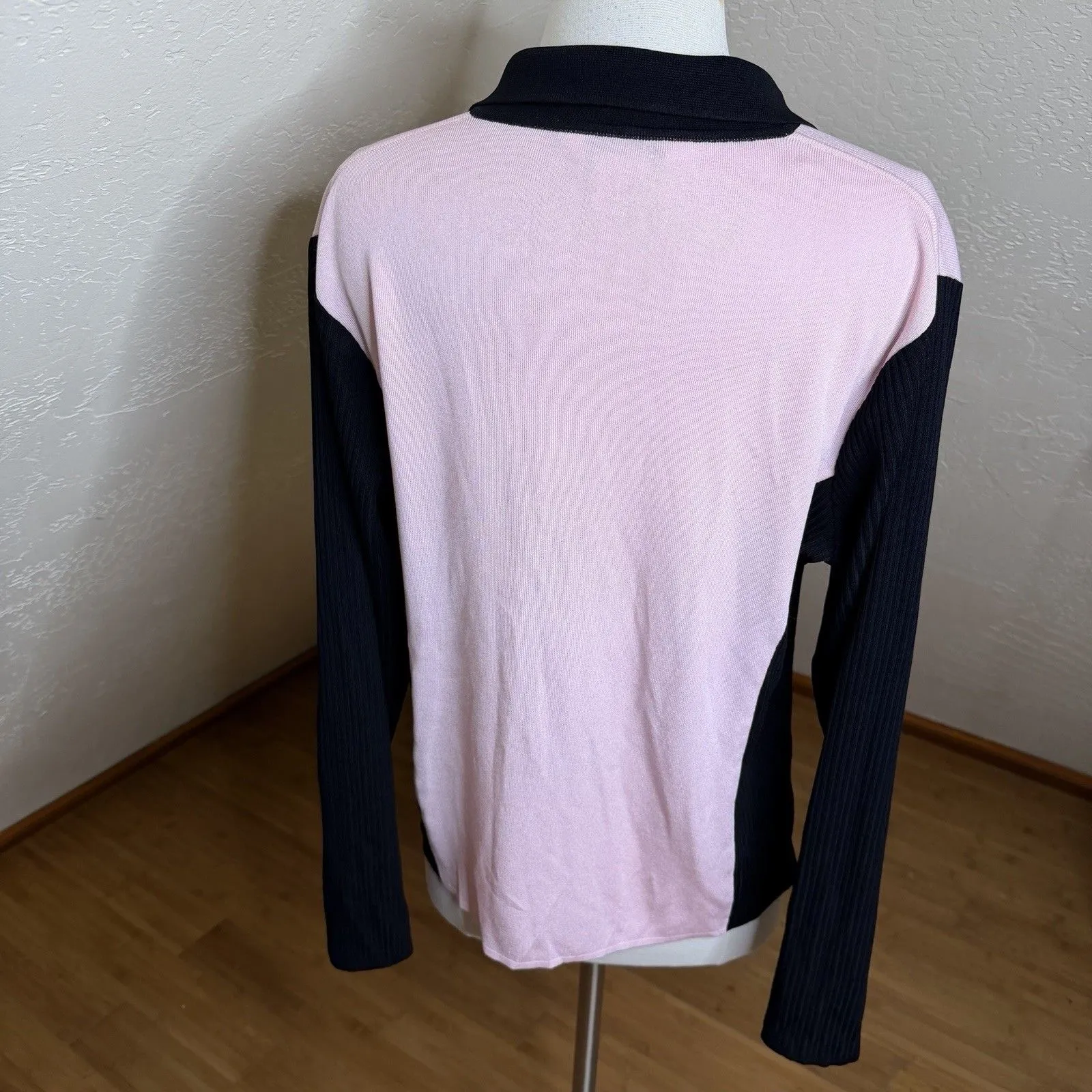 Misook Zip Front Knit Cardigan Womens M Pink Black Colorblock Long Sleeve Preppy - Image 9