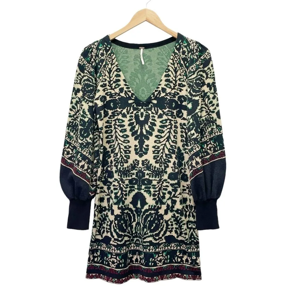 Free People Music & Lyrics Mini Boho Sweater Dress Black Green Combo Size Small - Image 2