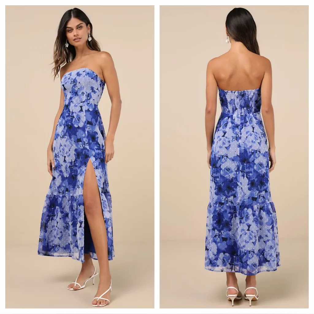 Lulus Bright Perspective Blue and Lavender Floral Strapless
Midi Dress - Image 2