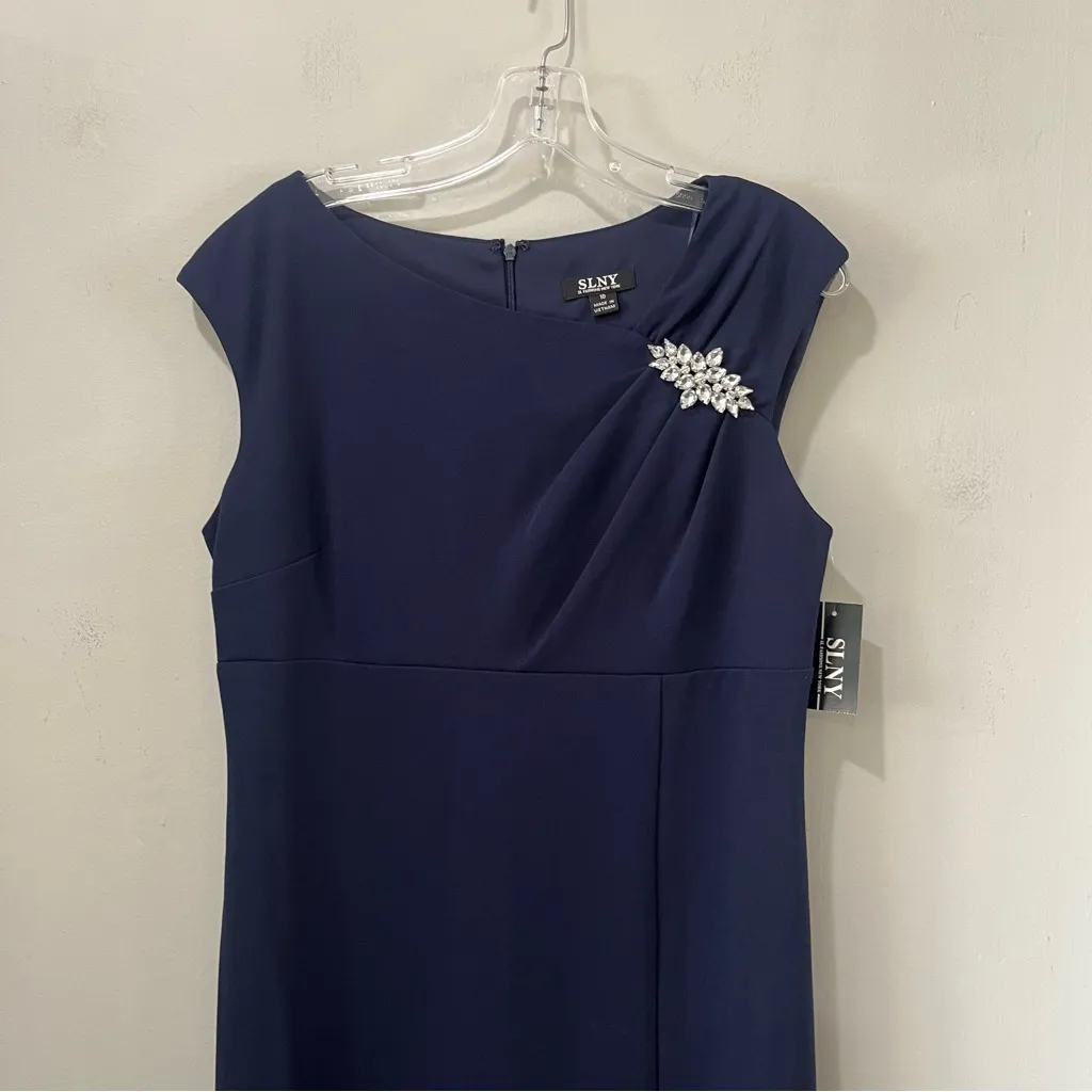 NEW SLNY dress navy blue Long Maxi Crystal Embellishment Front Slit Formal Sz 10 - Image 6