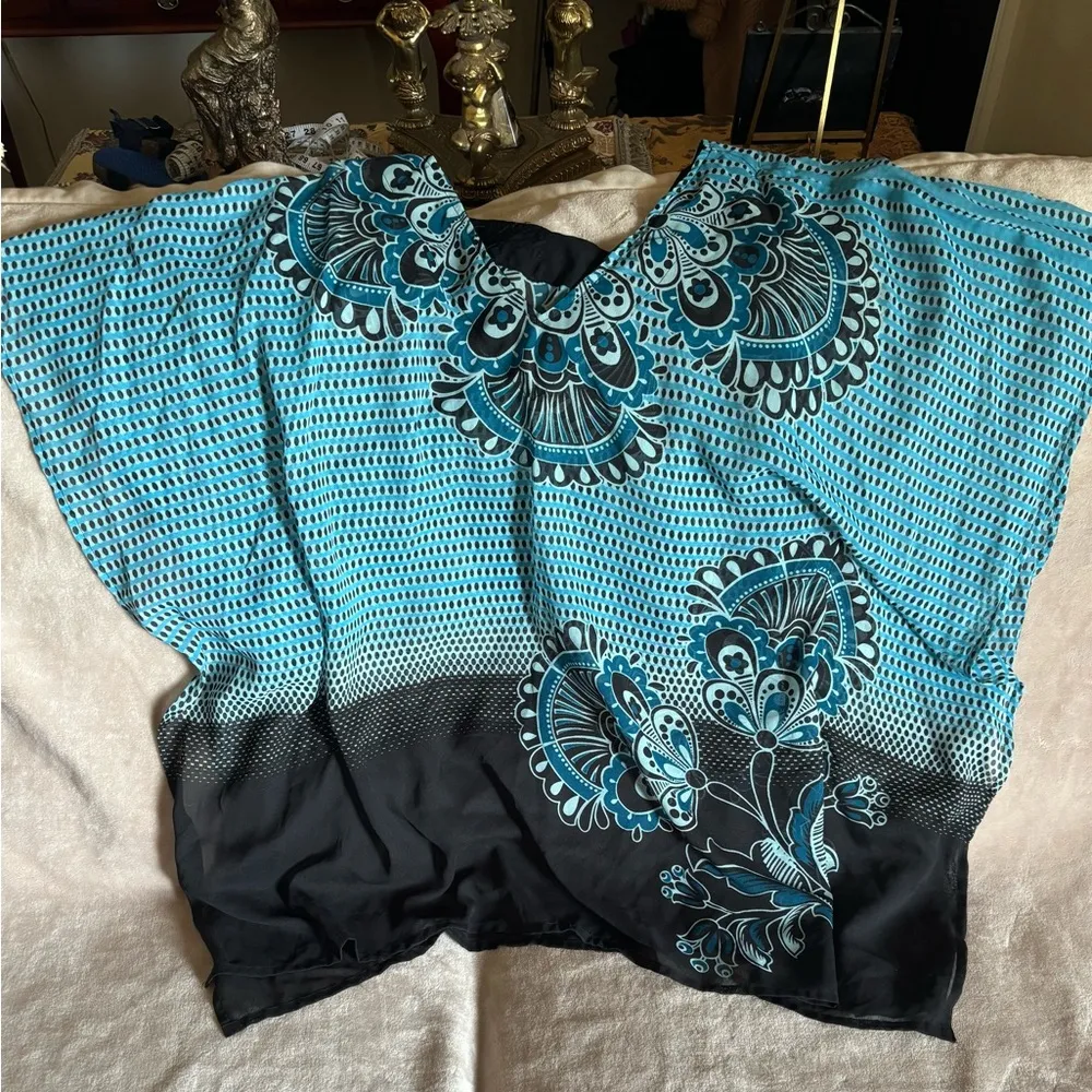 Swimsuit cover up Blue and Black Sheer design Embelished tassel women’s M/L Size undefined - Image 6