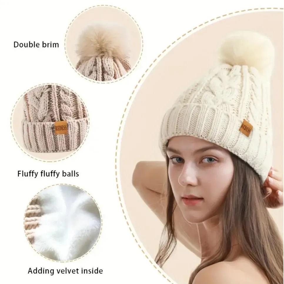 Winter Cozy Warm Pom Pom Pink Beanie Hat‎ Cable Knit Fleece Lined Ski NWT - Image 3