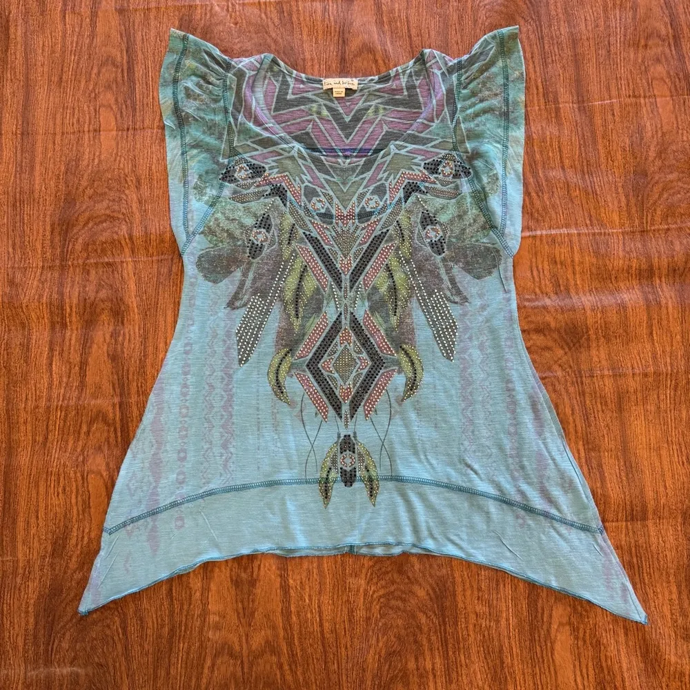 Women's Live and Let Live Top Size S Blue Beaded Screenprinted Feather - Image 3