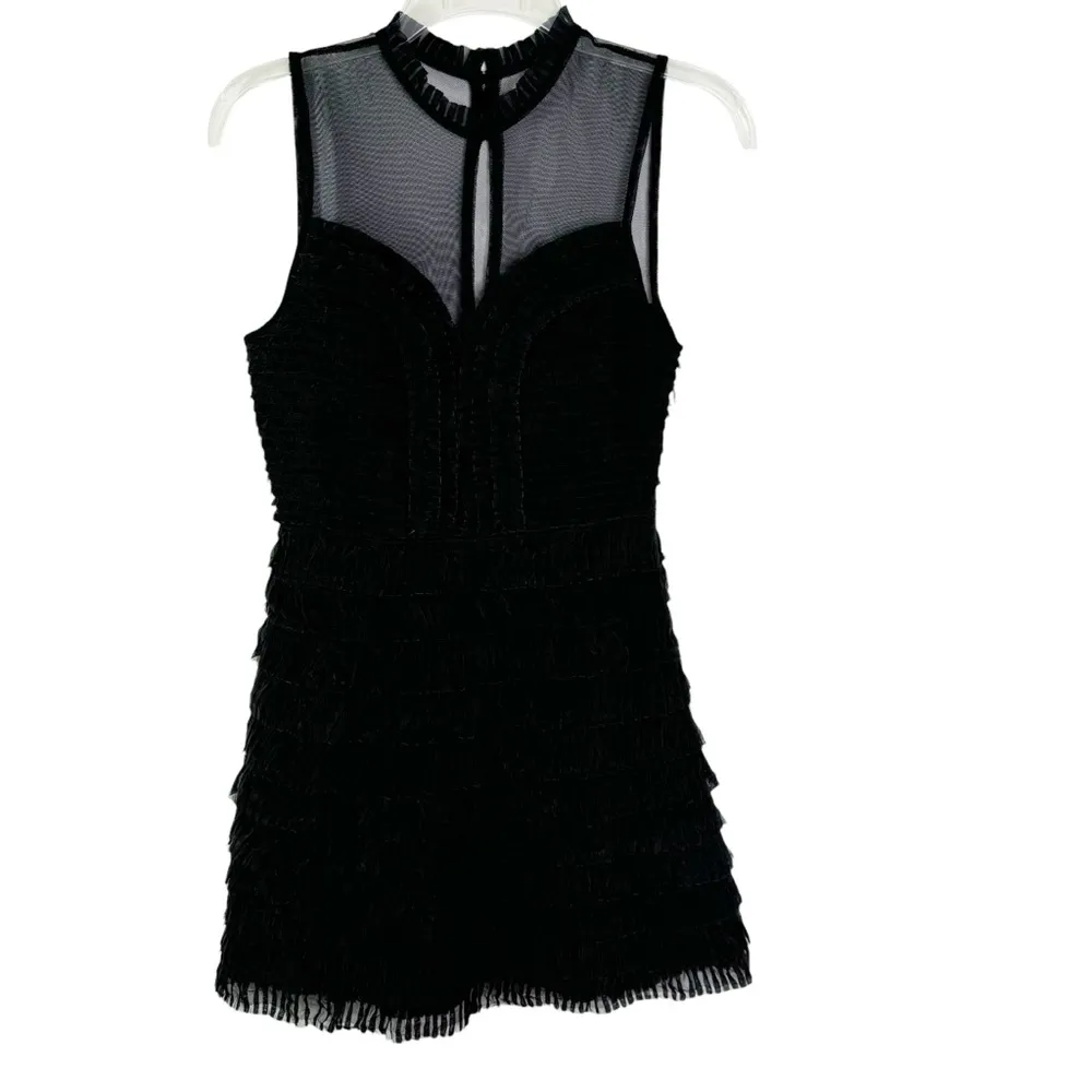 Free People Black Mesh Pleated Ruffle Tiered Mini Cocktail Party Dress Size 0 - Image 6