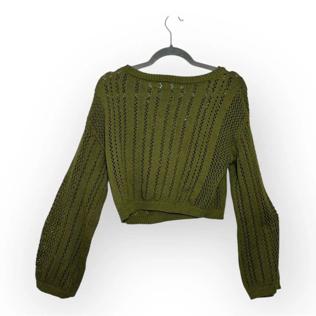Martha Stewart Olive Green Open Knit Cropped Sweater Cozy Preppy Minimalist S - Image 2