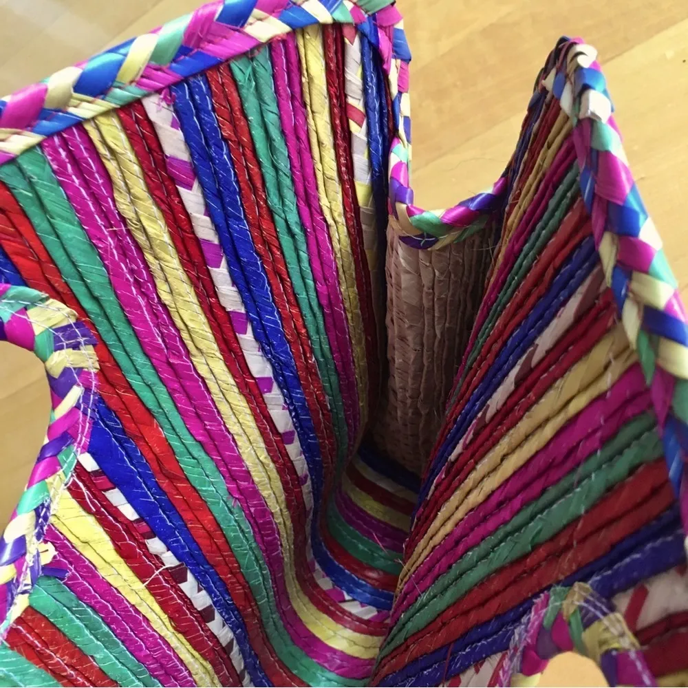 Colorful, Festive, Striped, Straw Open Top Hand Bag Red - Image 10