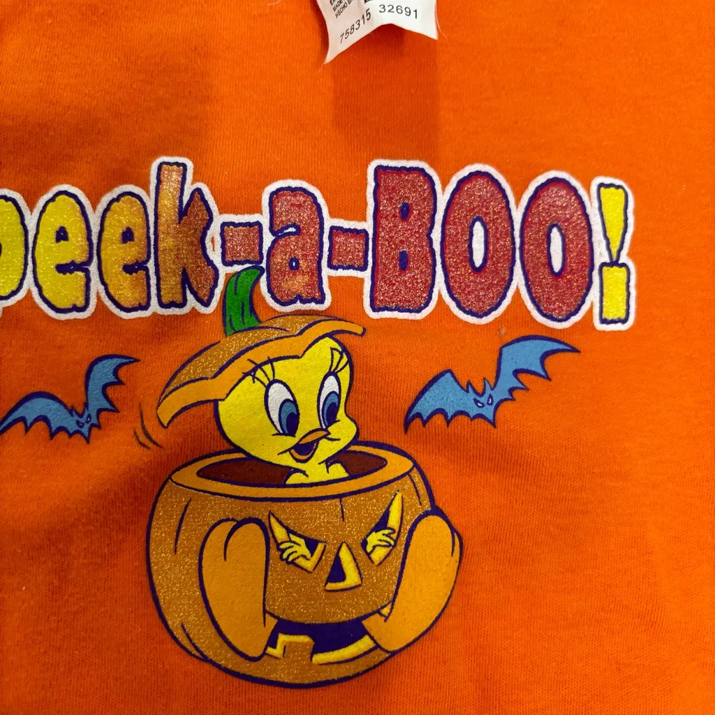 Looney Tunes Cropped Shirt Womens Large Vintage 90s Tweety Bird Halloween Orange - Image 3