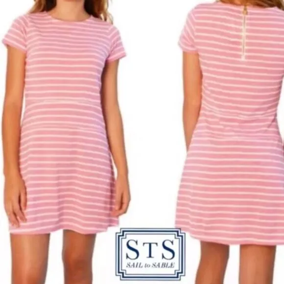 STS Sail to Sable Pink White Stripe Cotton Blend Short Sleeve Shift Dress Siz XS - Image 2