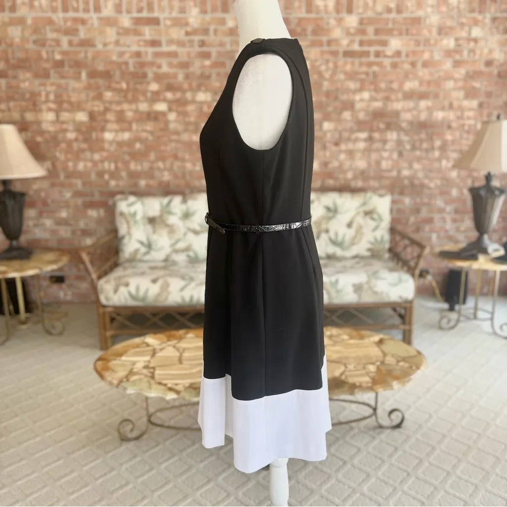 Calvin Klein Dress Color Block Knee Length Black White Sleeveless Belted 8 - Image 8