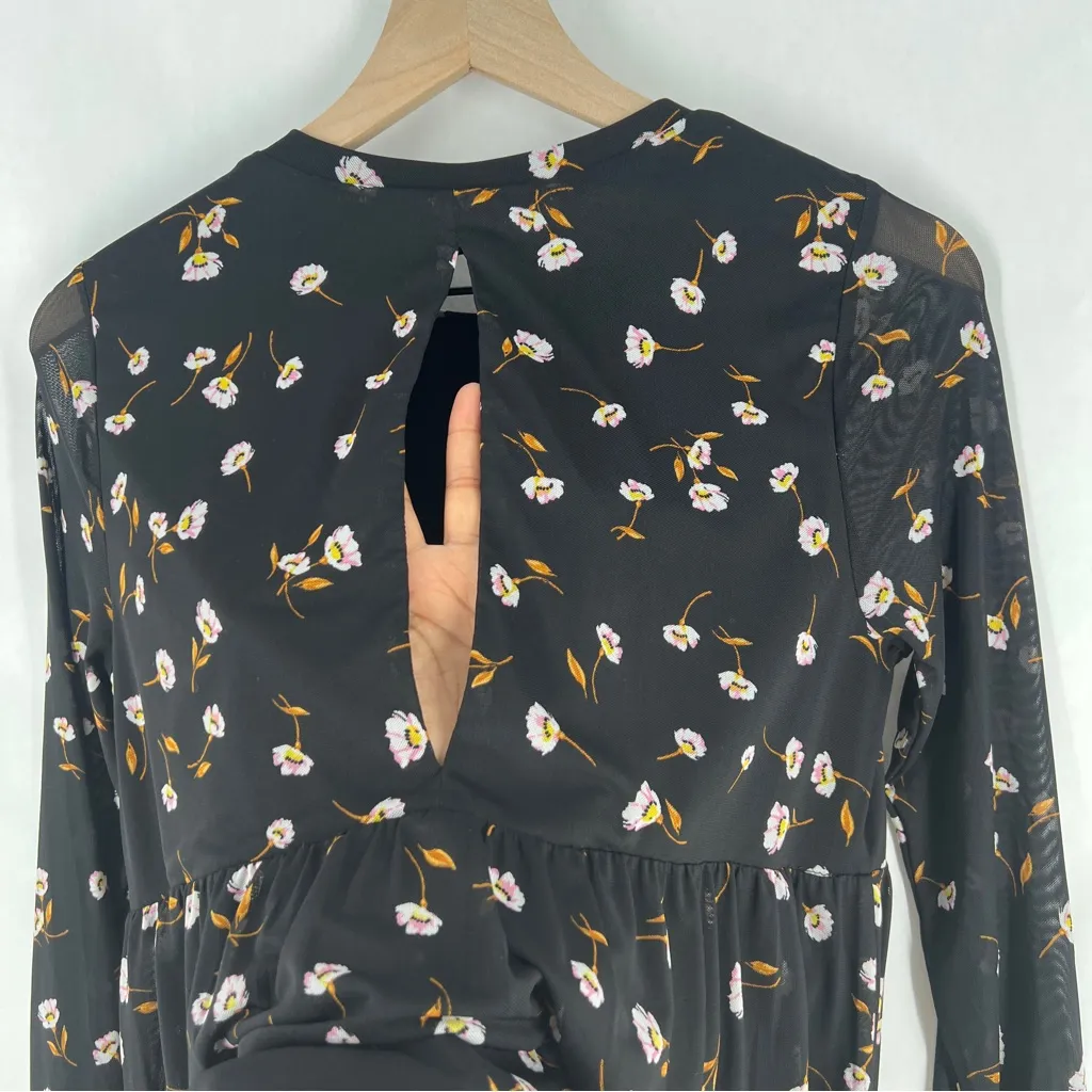 AFRM Noir Spring Floral Sheer Mesh Tiered Long Sleeve Mini Babydoll Dress Size M Black Size M - Image 14