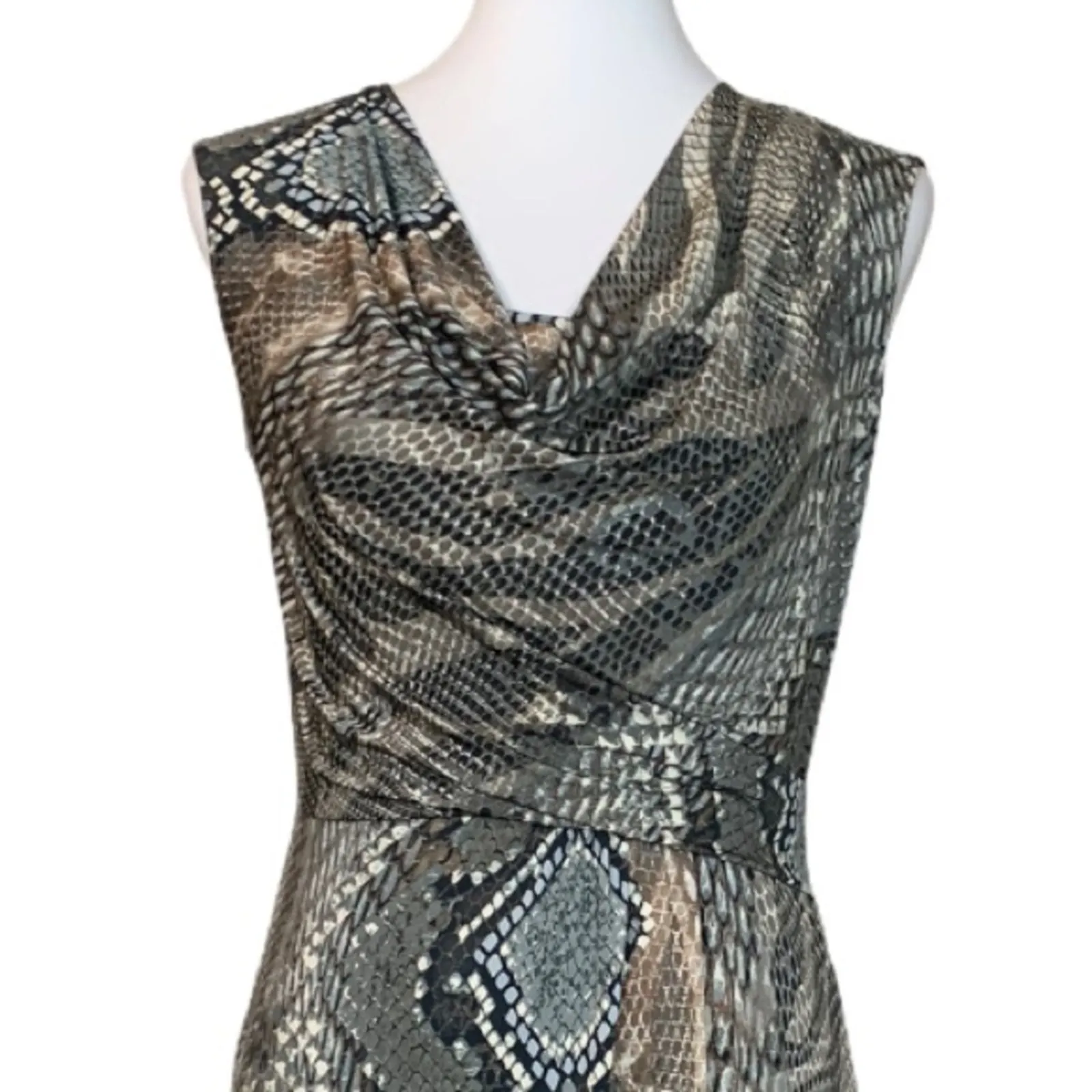 Dressbarn Sheath Dress Drape Cowl Neck Gray Tan Snake Print Women's Size 4 - Image 5