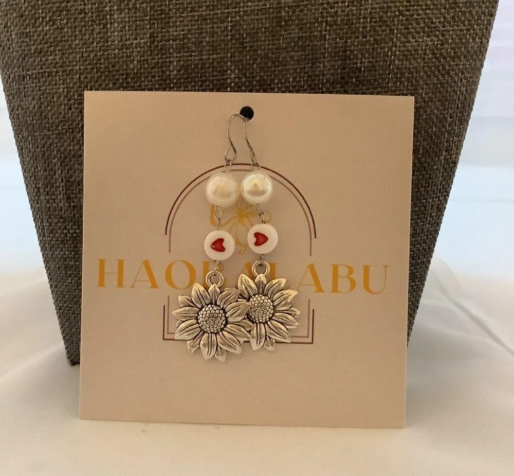 Red heart sun flower earrings set - Image 2