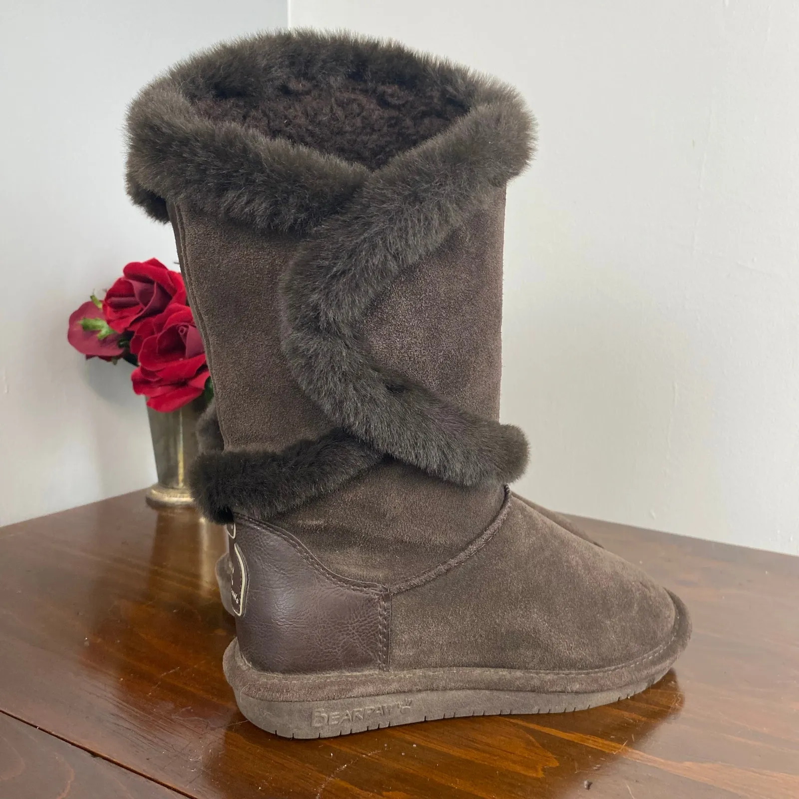 Bearpaw Sheilah Boots Brown Suede Faux Fur Trim Size 6 Women's Winter - Image 2