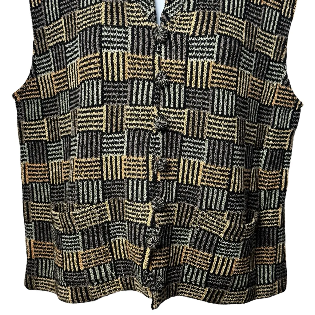 Vintage French Rags Artsy Geometric Print Knit Holiday Chic Substantial Vest 2 Black - Image 4