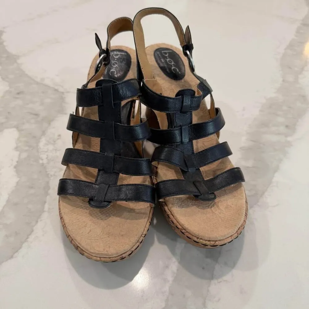Born Concept b.o.c Slingback Strappy Cork Wedge Sandals Womens 10M Black Leather Size 10 - Image 4