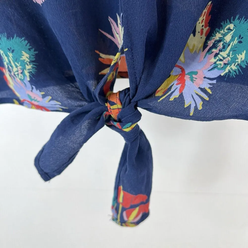 Madewell Size XXS Bird of Paradise Tie Front Silk Top V-Neck Shirt Sleeve Blouse - Image 7