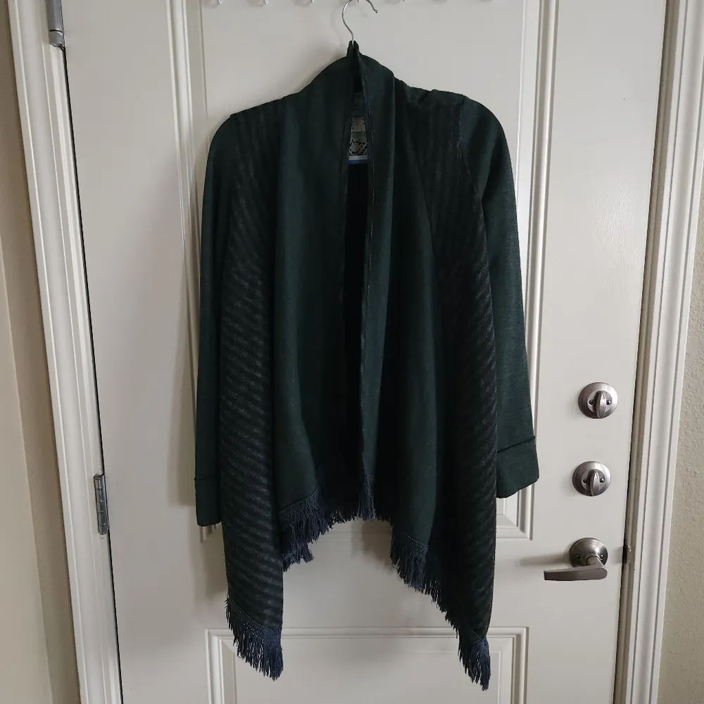 Saturday Sunday Open Cardigan Fringe Elise Green Stripe Size S - Image 3