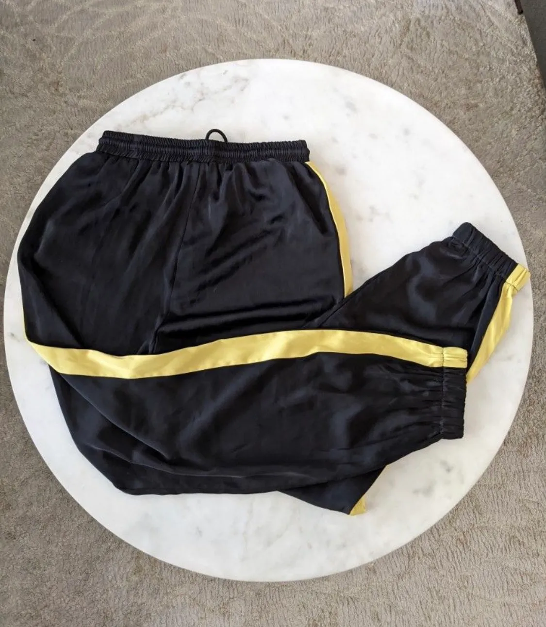 Solaris Style Black Satin High Waist High Rise Joggers with Yellow Stripe Panel - Image 3