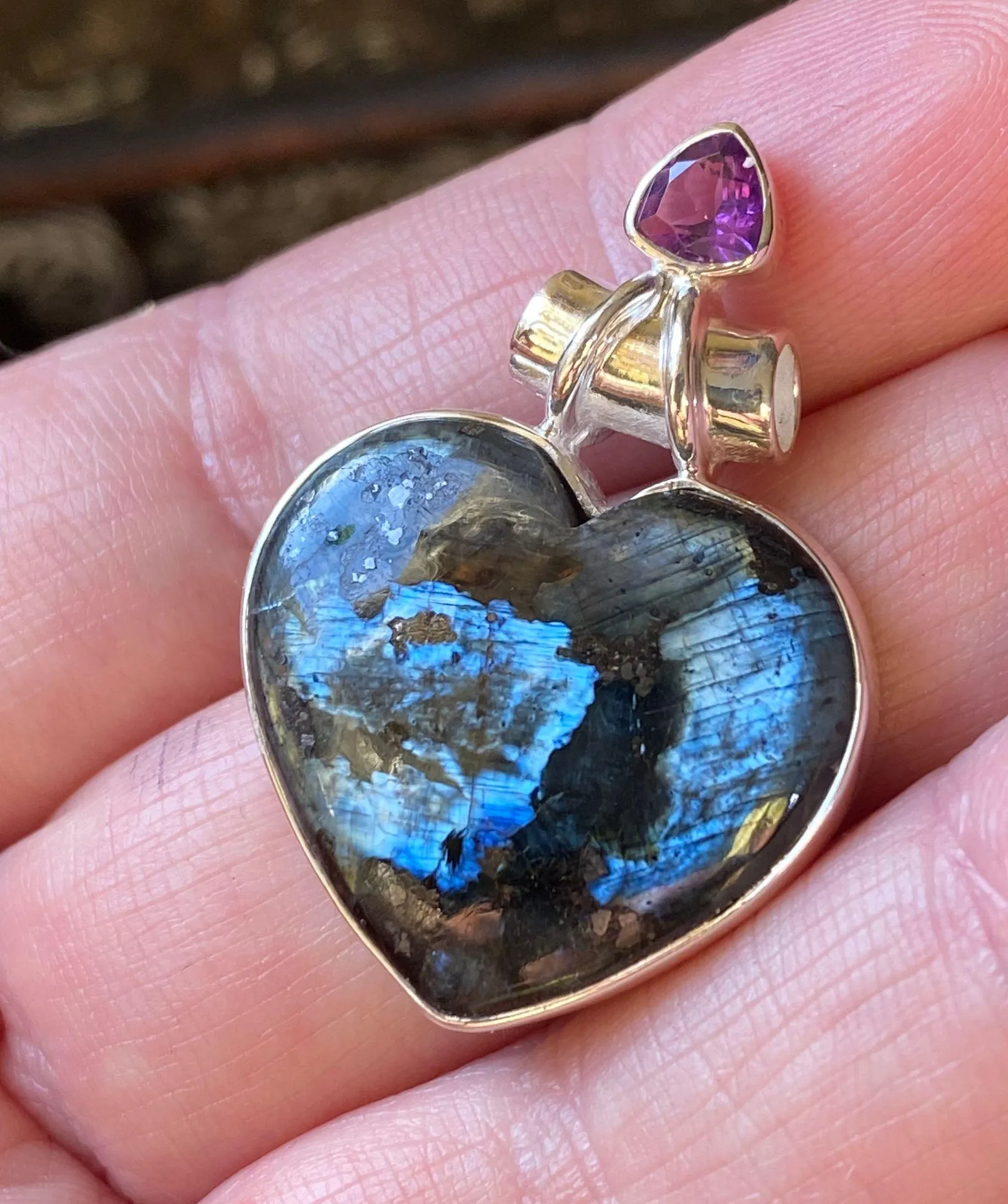 Larvikite Black Moonstone and Amethyst Heart Solid Sterling Silver Pendant - Image 2