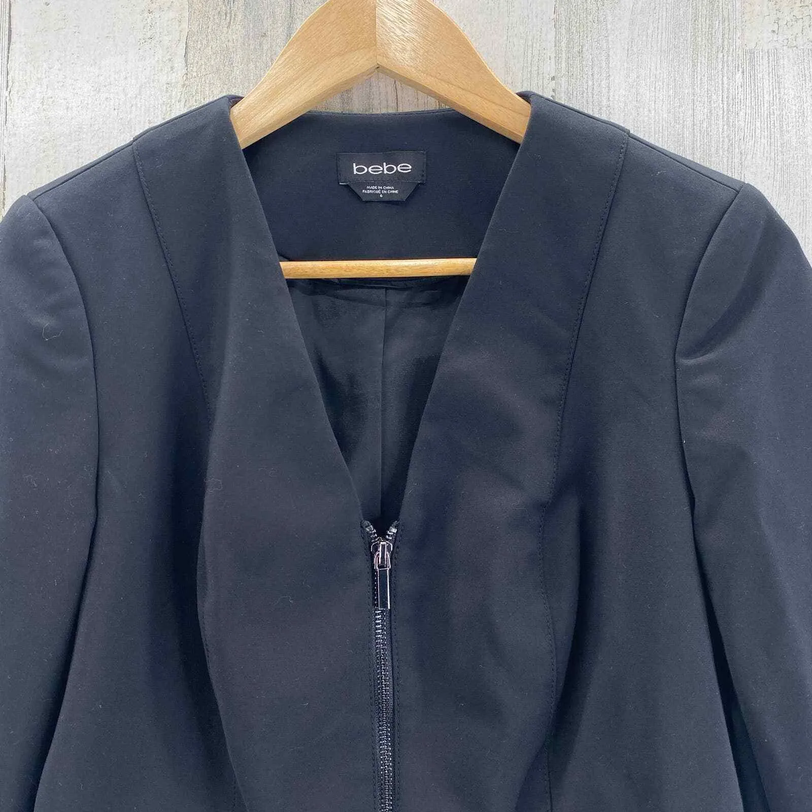 Bebe Blazer Jacket Womens 6 Black Cotton Blend Full Zip Peplum Hem Zipper Detail - Image 3