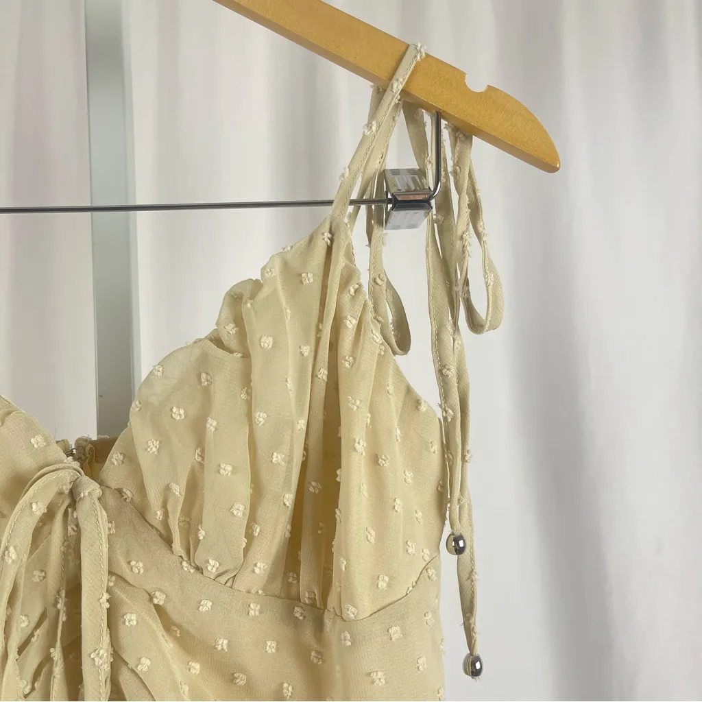 Women's XS Polka Dot Elegant Cream Layered Dress Ruffle V Neck Flowy Boho Tan - Image 3