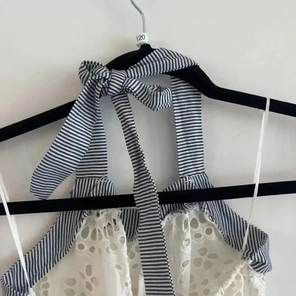 OndadeMar White Eyelet Halter Top Blue Stripe Trim Tie Waist XS NWT - Image 4