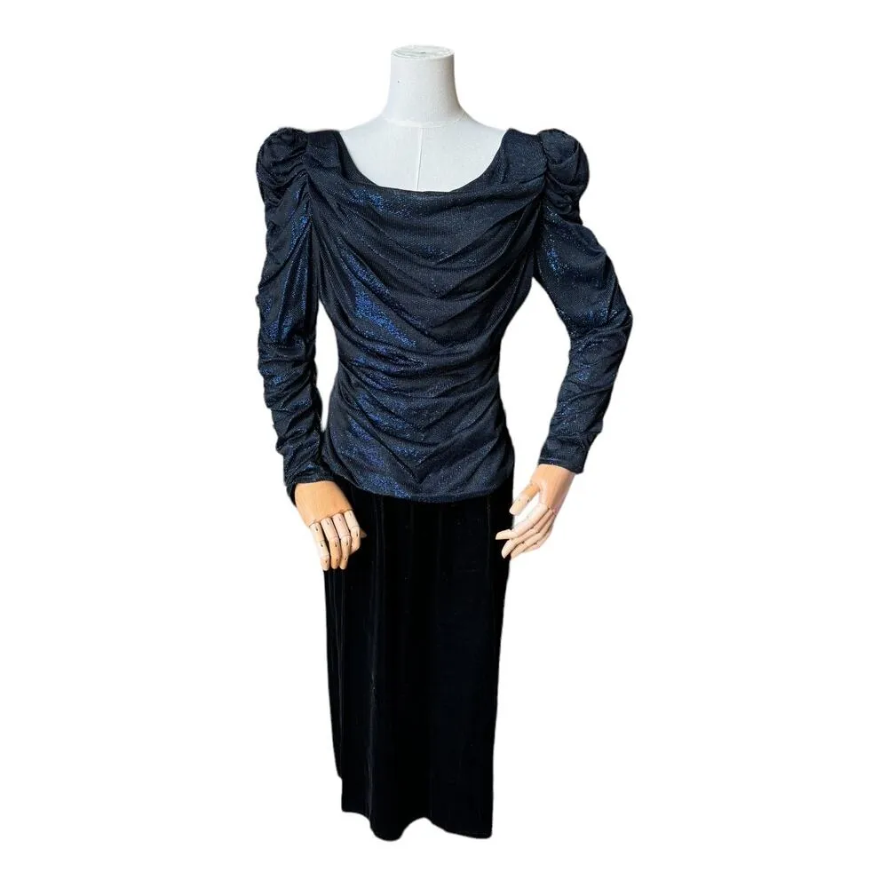 American Vintage Samir 70’s blue metallic Lurex & black velvet dress size medium - Image 14