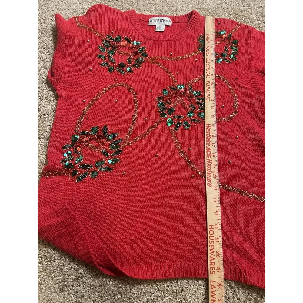 Victoria Harbour Ugly Christmas Sweater Medium Red Beaded Sequin Wreaths Vintage - Image 6