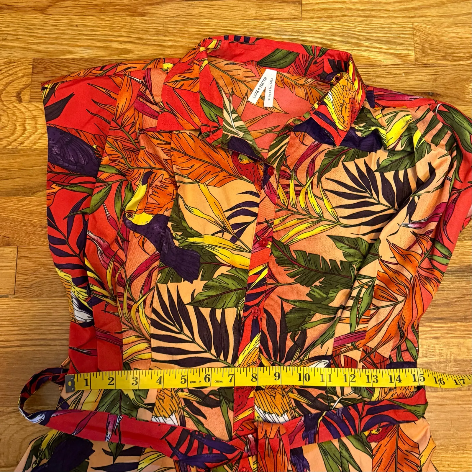 Live 4 Truth Women’s Small Red Green Tropical Midi Dress Palm Leaf Toucan Vaca - Image 4