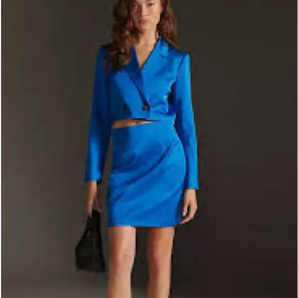 Mare Mare x Anthropologie Royal Blue Satin Blazer & Mini Skirt Set Size L - Image 9
