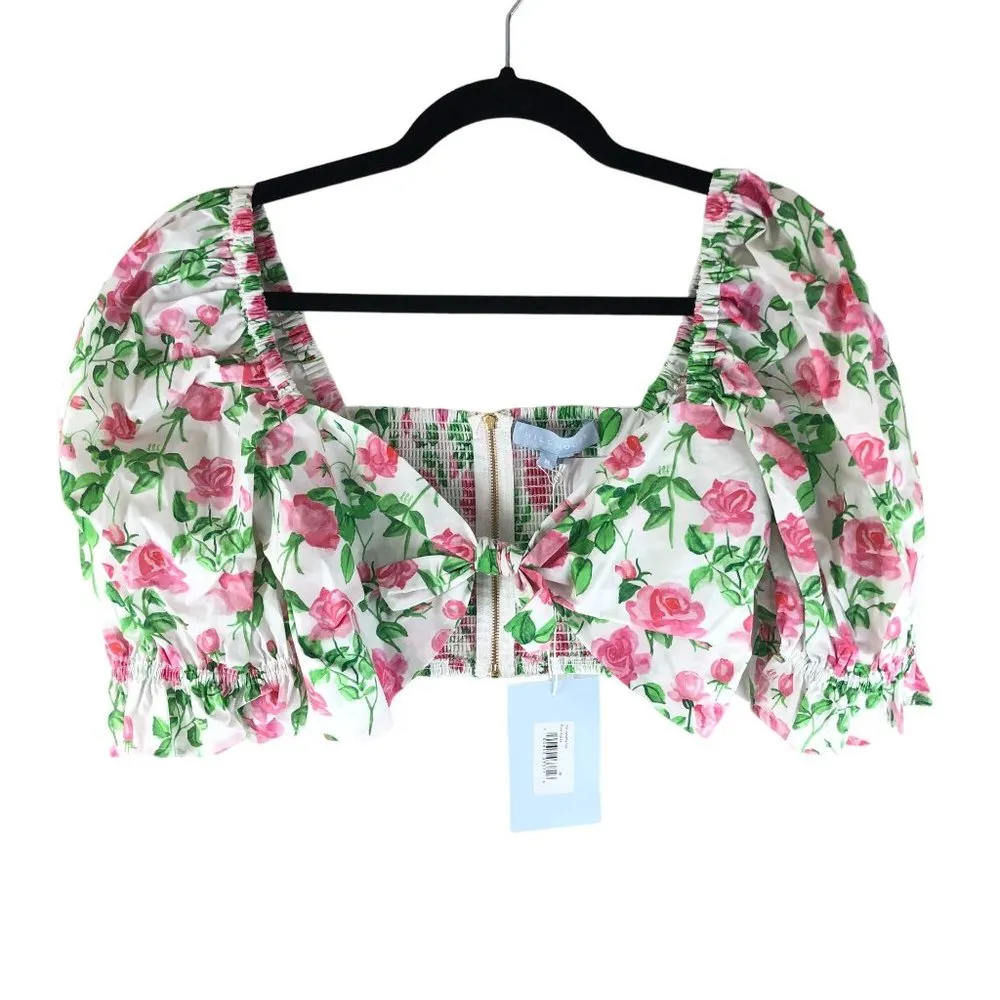 Hill House Womens The Isabella Top Crop Smocked Puff Sleeve Pink Roses White M - Image 2