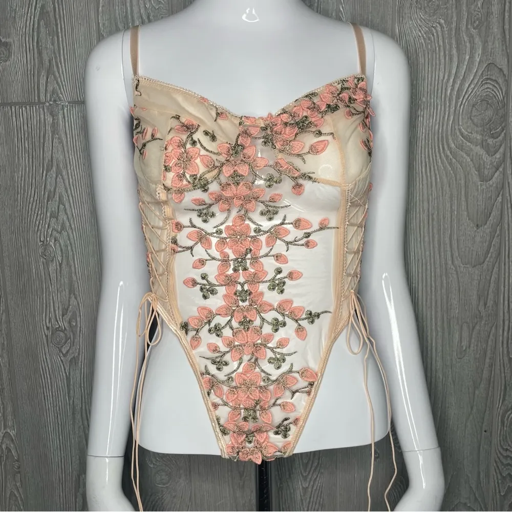 Women’s sheer panel floral embroidered appliqué pink lingerie sleepwear large - Image 4