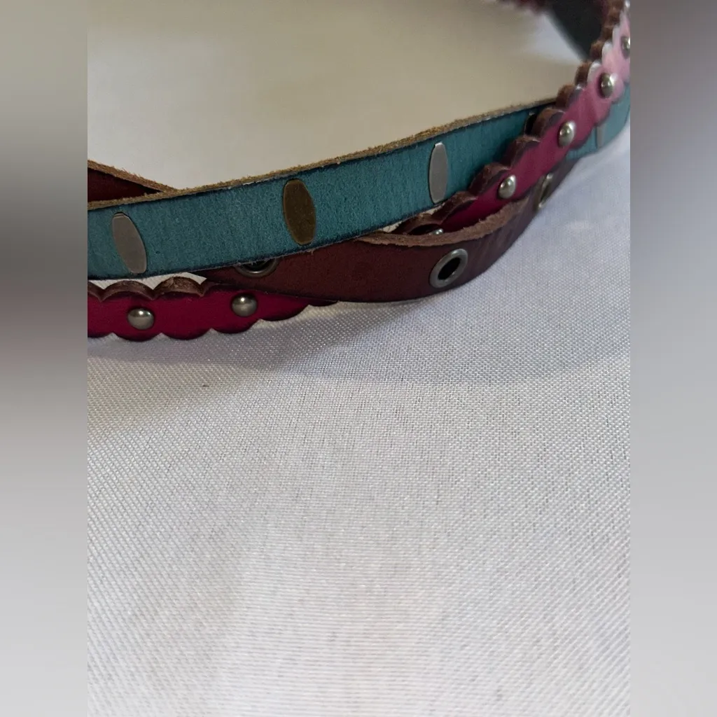 Fossil Women's Studded Braided Multi Color Leather Belt Size S Brown Aqua Pink - Image 4