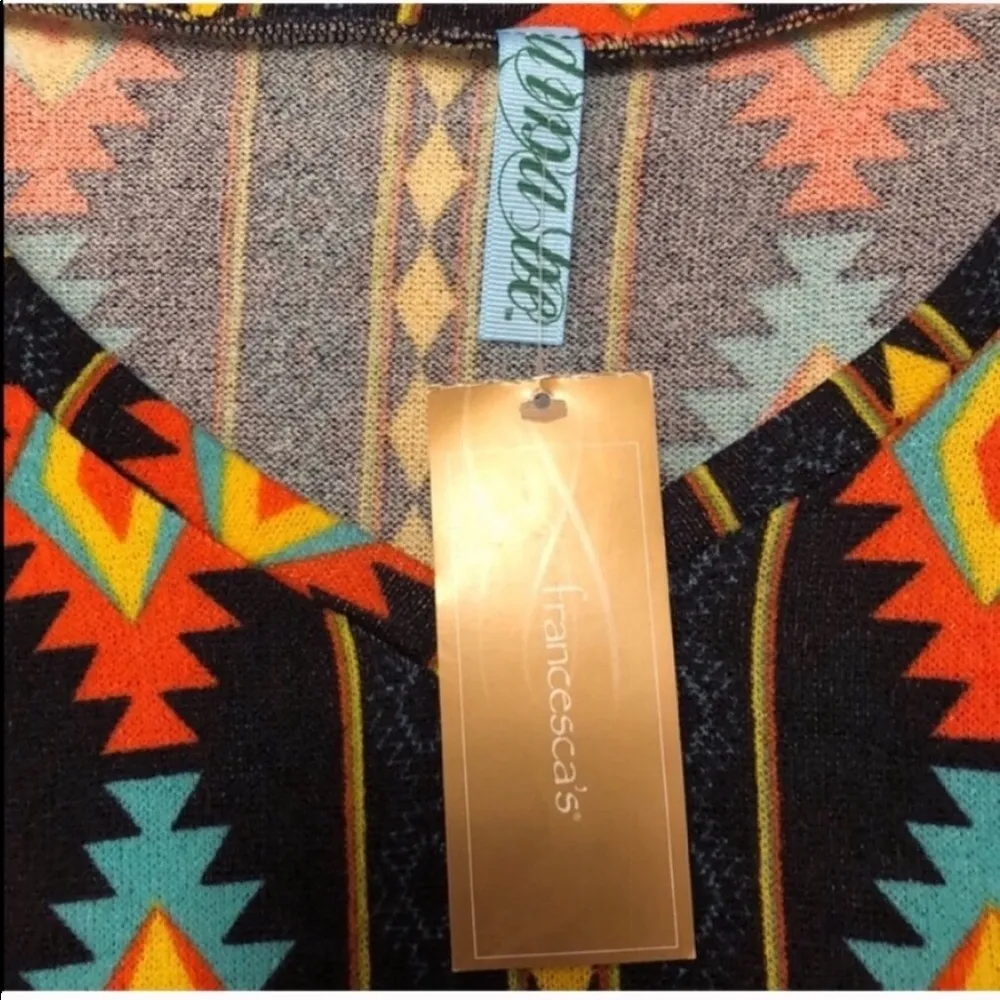 š Aztec boho cowgirl short sleeve v neck pullover mini dress small black blue - Image 6