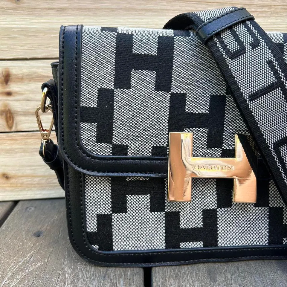 Grey/Black Halston Monogrammed Crossbody Bag Purse - Image 2