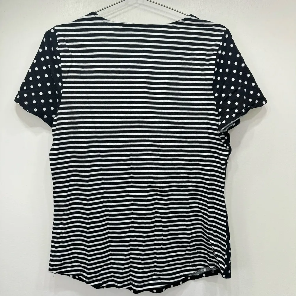 Chico’s Black with White Polka Dots & Stripes Short Sleeved Pocket Tee Size 1 M - Image 2