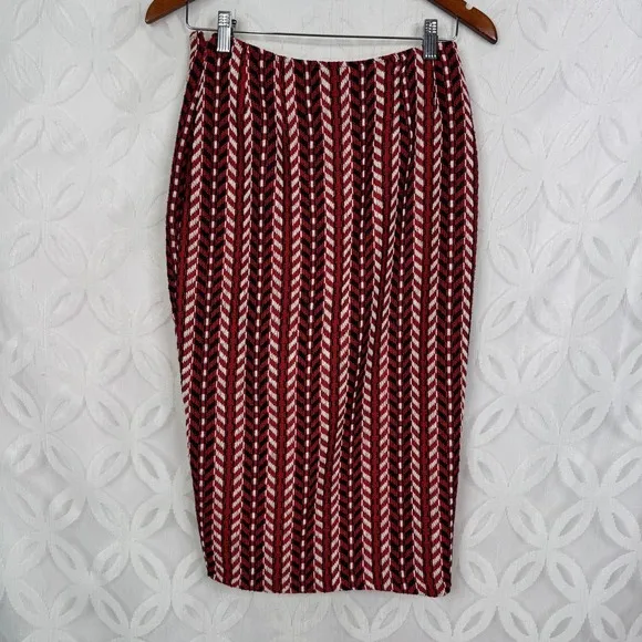 Eva Franco Red Blue White Geometric Print Wool Poly Blend Pencil Skirt With Slit Size 2 - Image 6