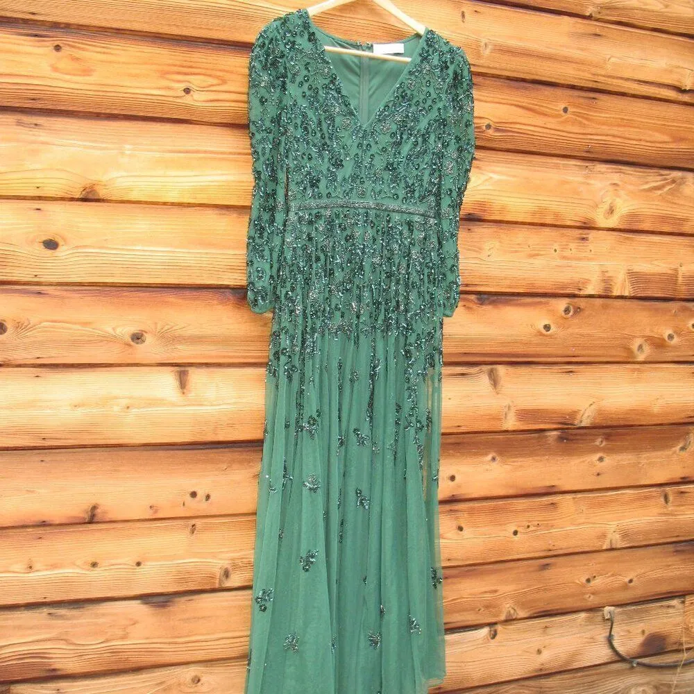 Mac Duggal 5497  Womens Green Embellished V Neck 3/4 Sleeve A Line Gown Regular - Image 7